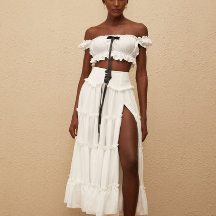 Théoline White Ruffled Trim Shirred Top & Skirt Set