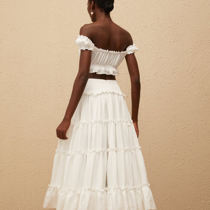 Théoline White Ruffled Trim Shirred Top & Skirt Set