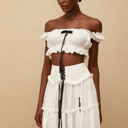 Théoline White Ruffled Trim Shirred Top & Skirt Set