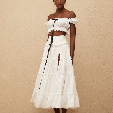 Théoline White Ruffled Trim Shirred Top & Skirt Set