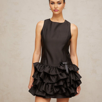 Therese black mini dress with ruffled tiered layers
