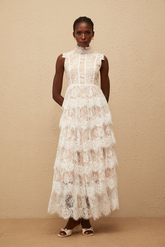 Thérèse White Embellished Floral Lace Tiered Maxi Dress