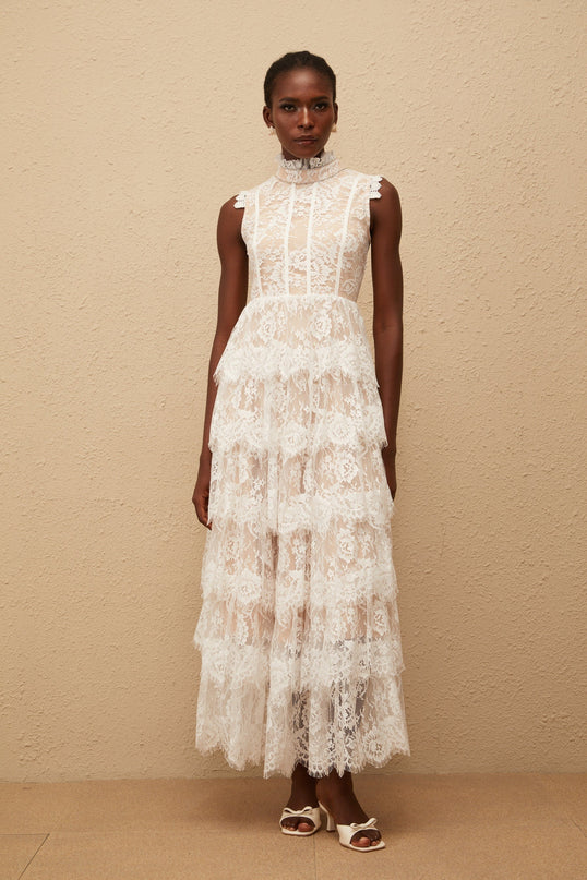 Thérèse White Embellished Floral Lace Tiered Maxi Dress