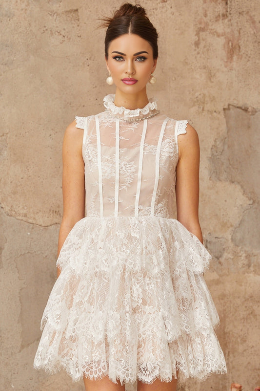 Thérèse white embellished florallace tiered mini dress
