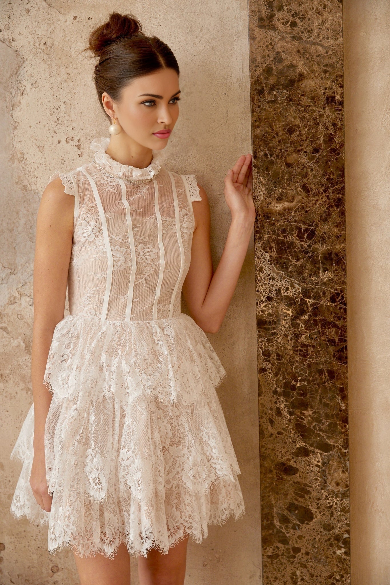 Thérèse white embellished florallace tiered mini dress