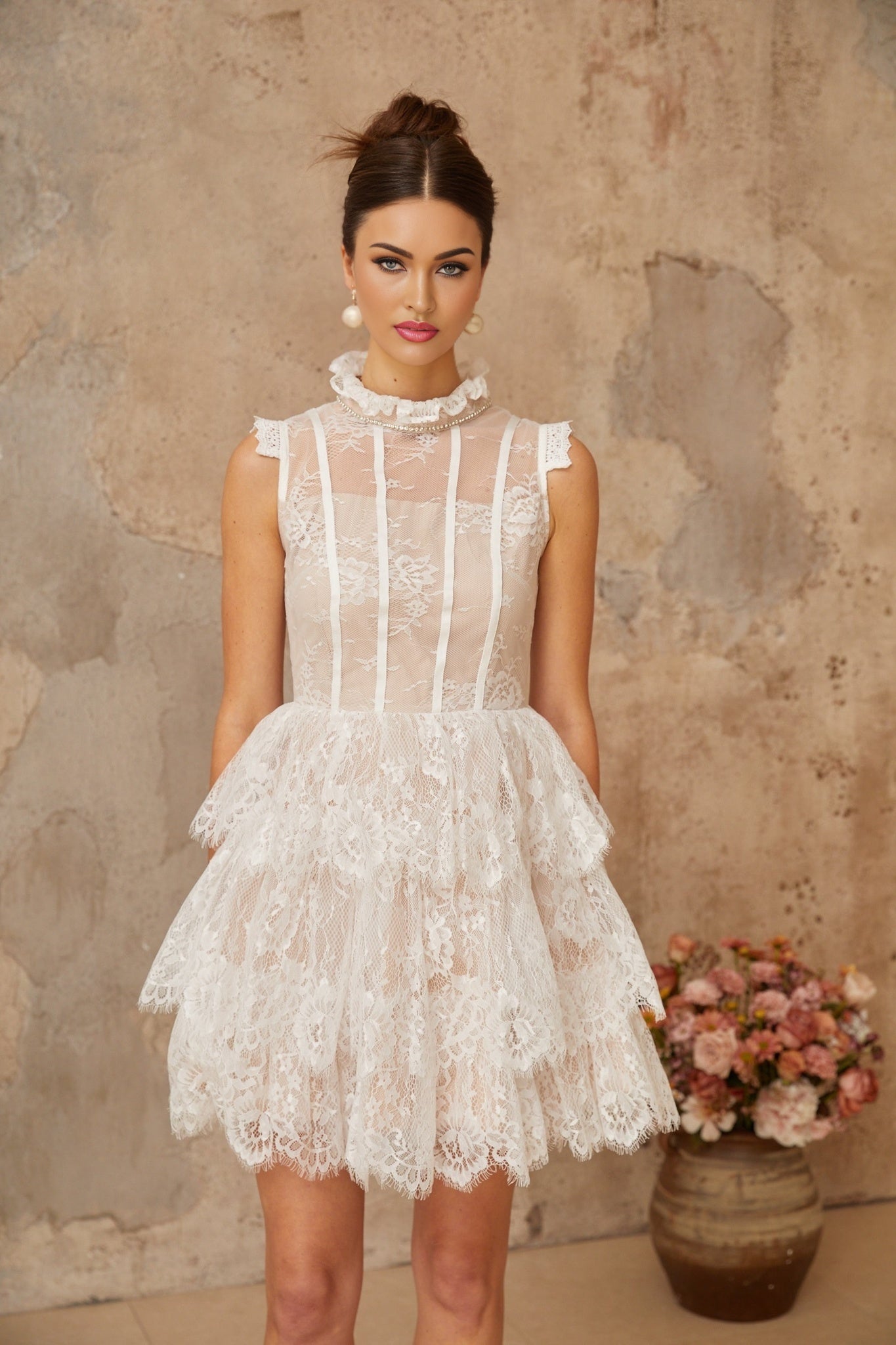 Thérèse white embellished florallace tiered mini dress