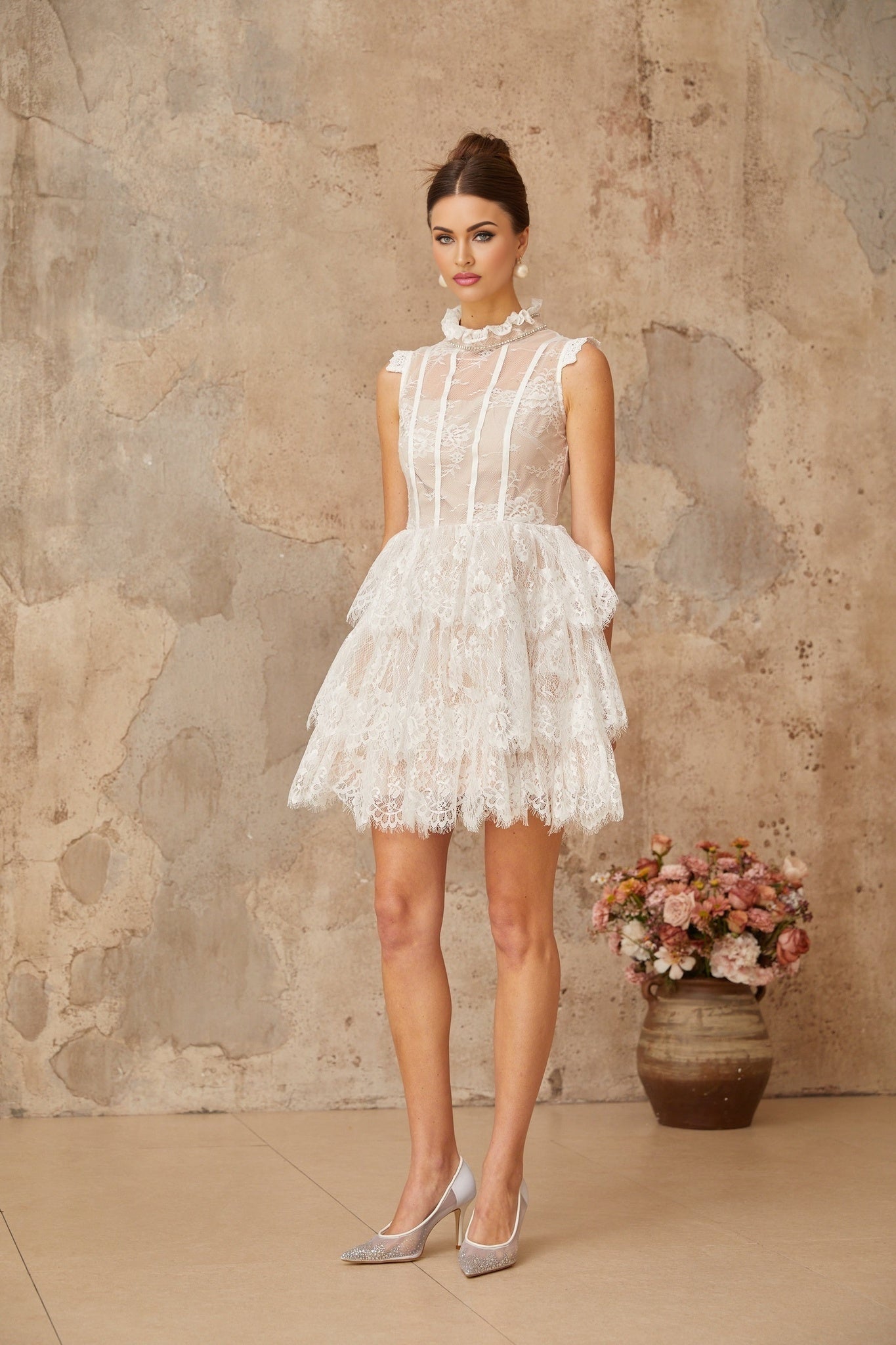 Thérèse white embellished florallace tiered mini dress