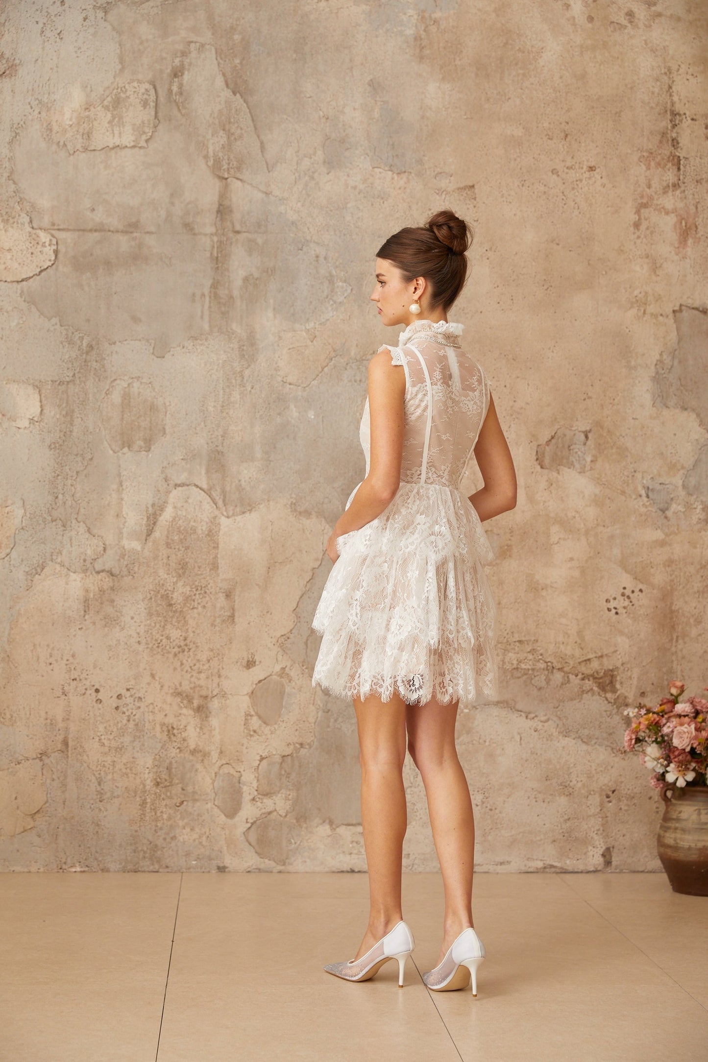 Thérèse white embellished florallace tiered mini dress