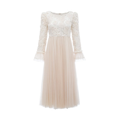 Thibaulte pleated lacefloral midi dress