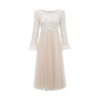 Thibaulte pleated lacefloral midi dress