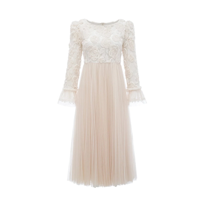 Thibaulte pleated lacefloral midi dress