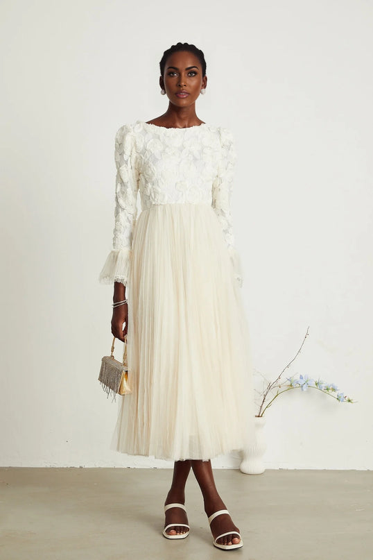 Thibaulte pleated lacefloral midi dress