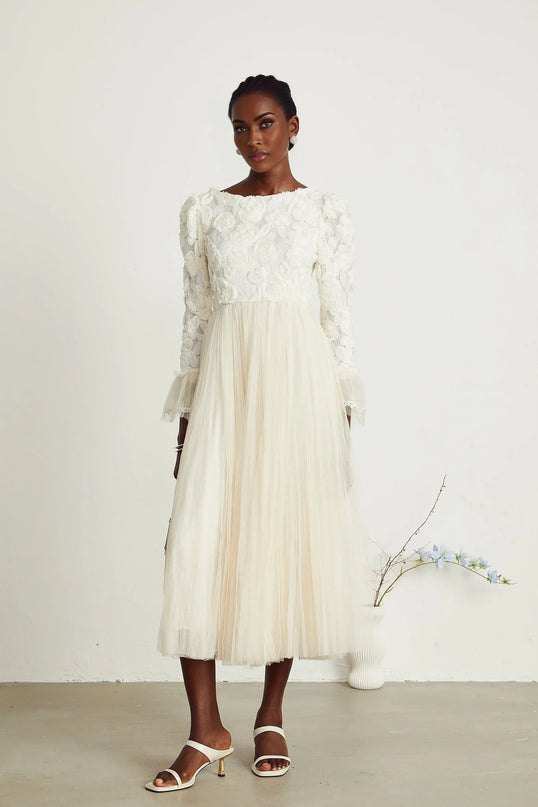 Thibaulte pleated lacefloral midi dress