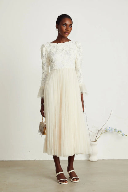 Thibaulte pleated lacefloral midi dress
