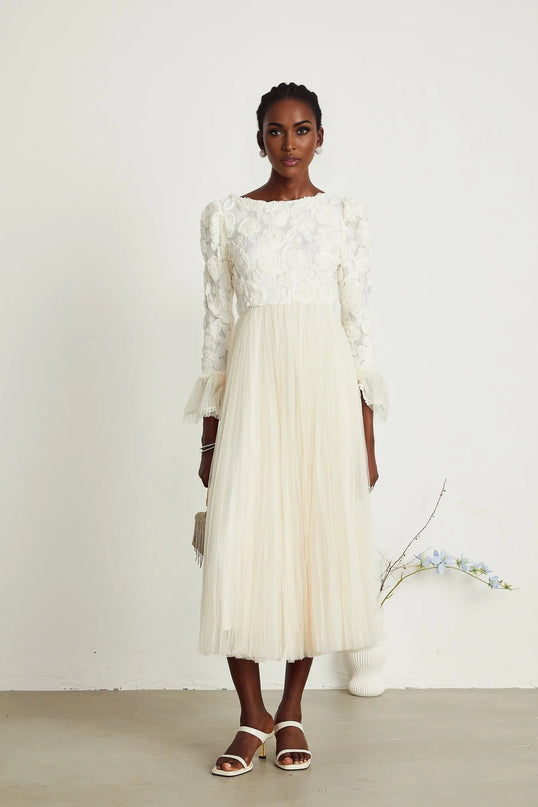 Thibaulte pleated lacefloral midi dress