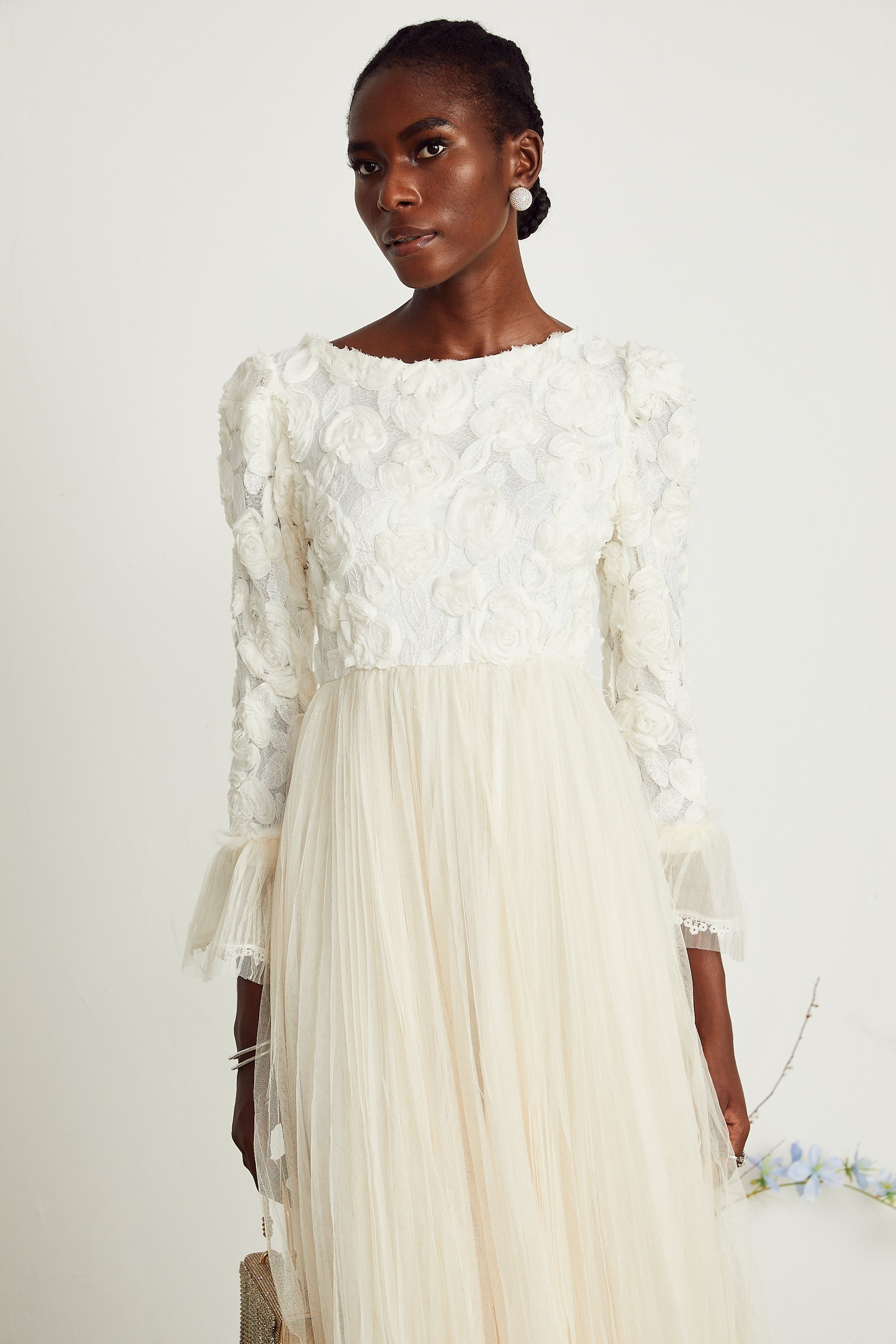 Thibaulte pleated lacefloral midi dress