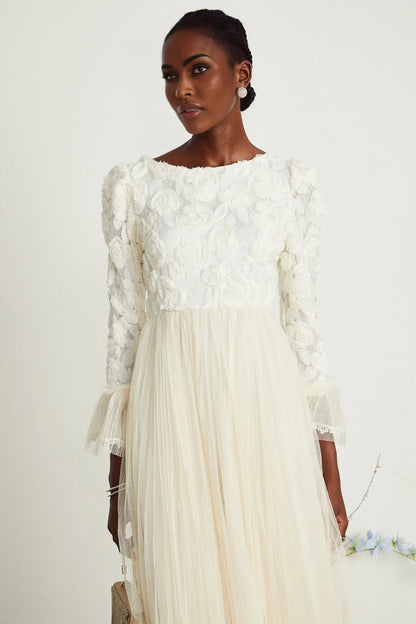 Thibaulte pleated lacefloral midi dress
