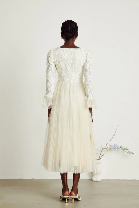 Thibaulte pleated lacefloral midi dress