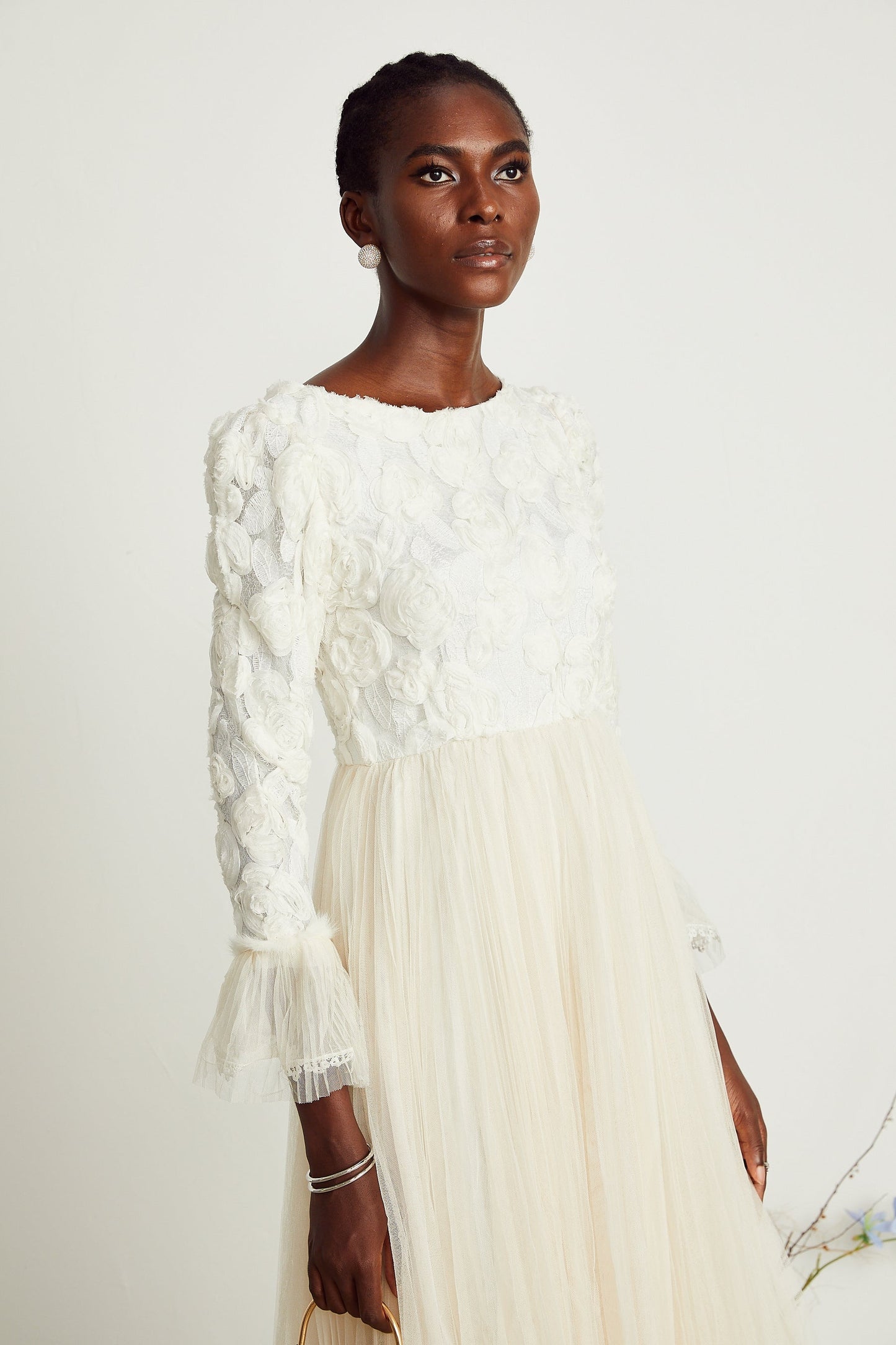 Thibaulte pleated lacefloral midi dress