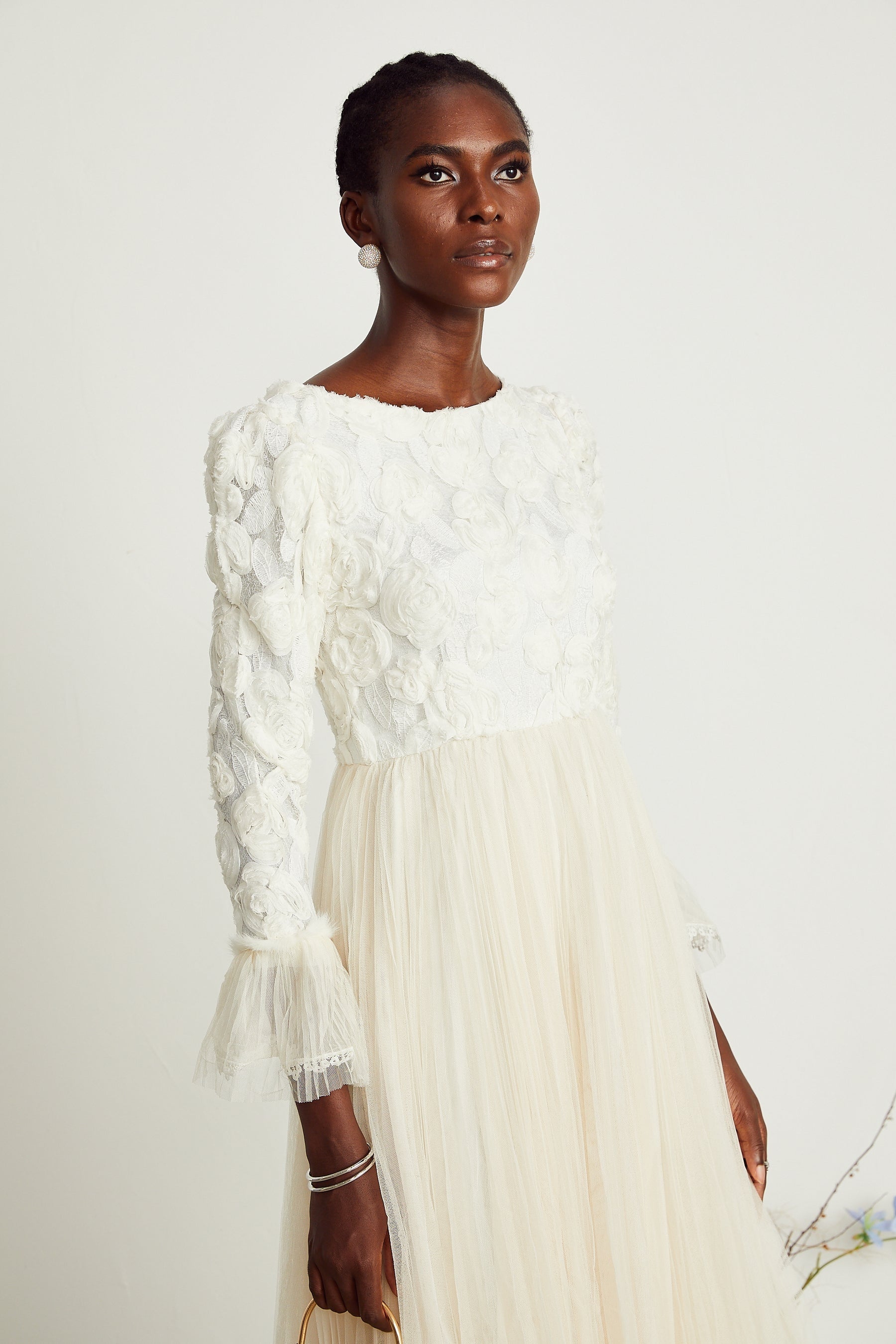 Thibaulte pleated lacefloral midi dress