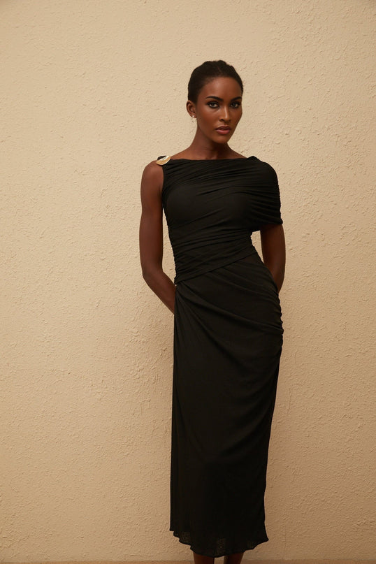 Tiana Black One-Shoulder Midi Dress with Gold Hardware and Side Slit