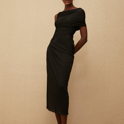 Tiana Black One-Shoulder Midi Dress with Gold Hardware and Side Slit