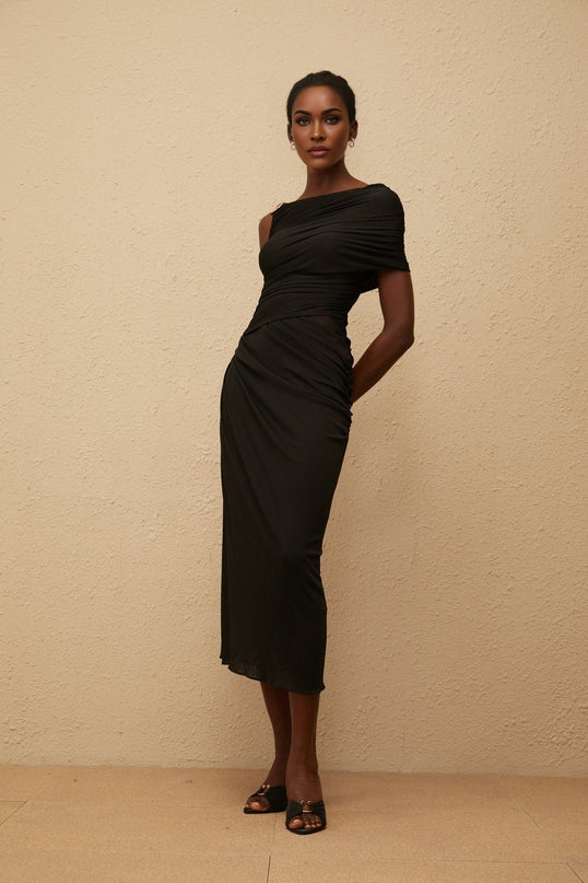 Tiana Black One-Shoulder Midi Dress with Gold Hardware and Side Slit