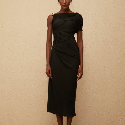 Tiana Black One-Shoulder Midi Dress with Gold Hardware and Side Slit