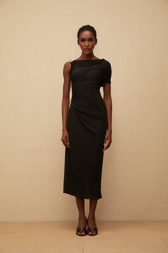 Tiana Black One-Shoulder Midi Dress with Gold Hardware and Side Slit