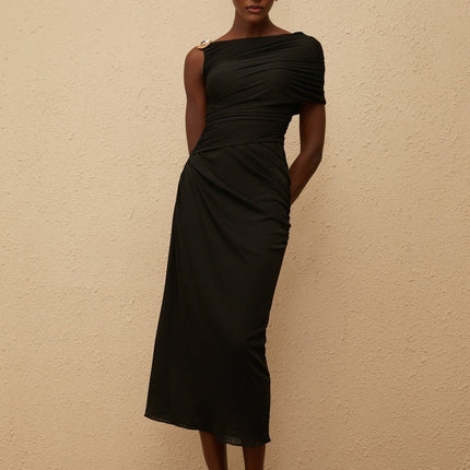 Tiana Black One-Shoulder Midi Dress with Gold Hardware and Side Slit
