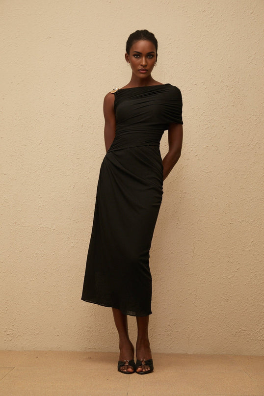 Tiana Black One-Shoulder Midi Dress with Gold Hardware and Side Slit