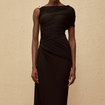 Tiana Black One-Shoulder Midi Dress with Gold Hardware and Side Slit
