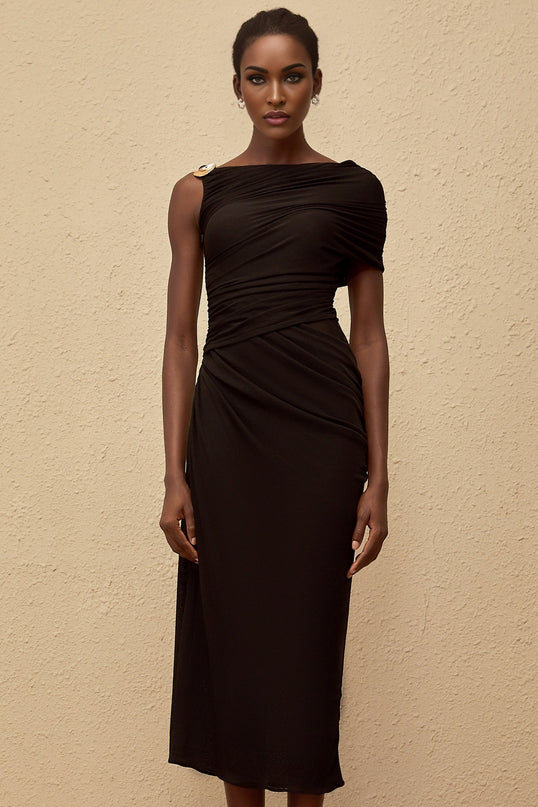 Tiana Black One-Shoulder Midi Dress with Gold Hardware and Side Slit