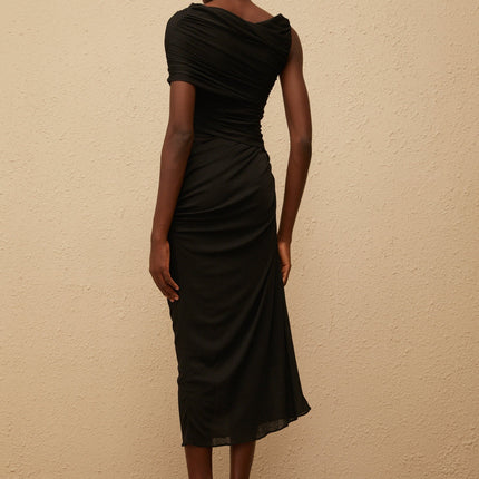 Tiana Black One Shoulder Midi Dress with Gold Hardware and Side Slit