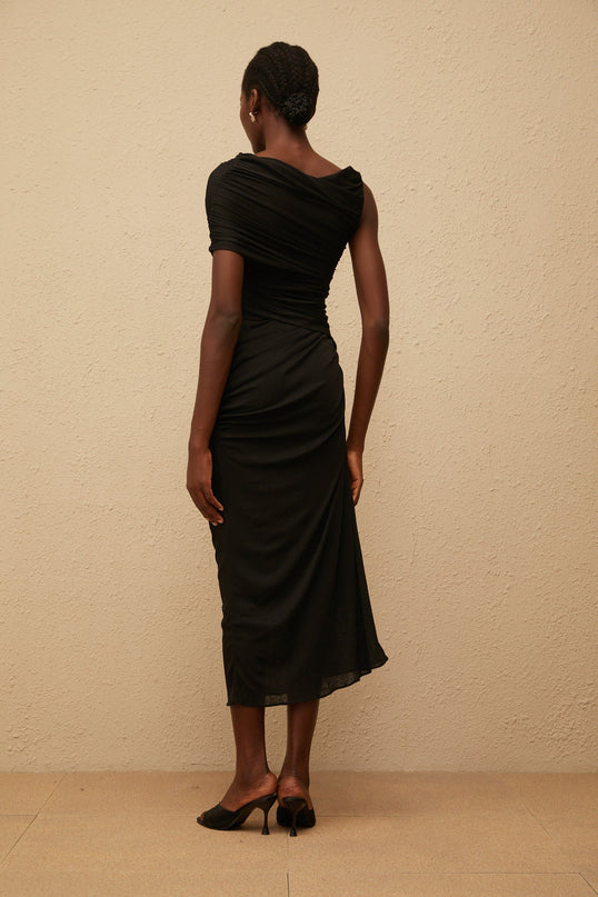 Tiana Black One Shoulder Midi Dress with Gold Hardware and Side Slit