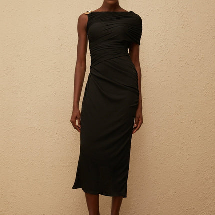 Tiana Black One Shoulder Midi Dress with Gold Hardware and Side Slit