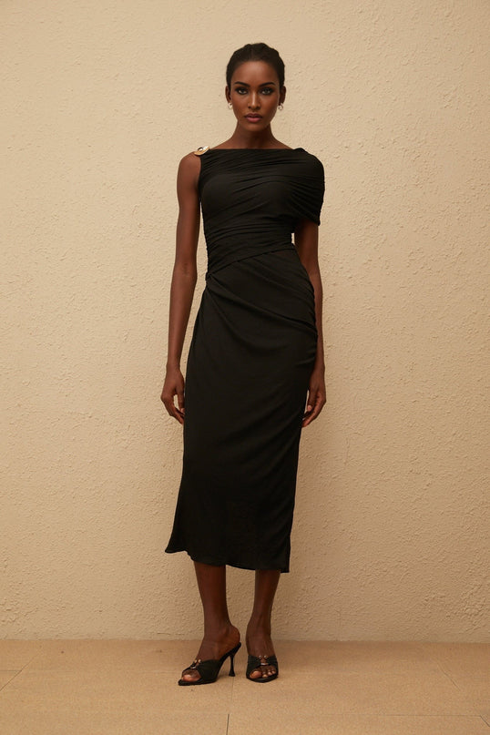 Tiana Black One Shoulder Midi Dress with Gold Hardware and Side Slit