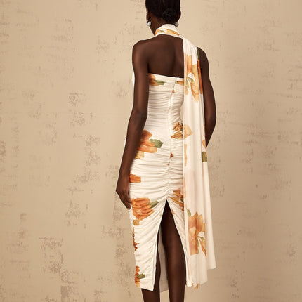 Tiana White Multicolor Off-Shoulder Midi Dress with Ruched Tulle Detailing and Floral Print