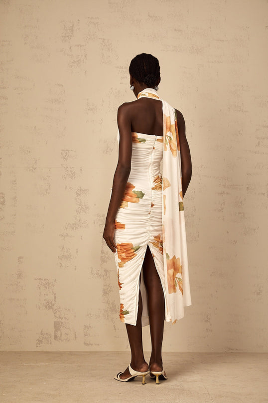 Tiana White Multicolor Off-Shoulder Midi Dress with Ruched Tulle Detailing and Floral Print