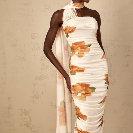 Tiana White Multicolor Off-Shoulder Midi Dress with Ruched Tulle and Floral Print