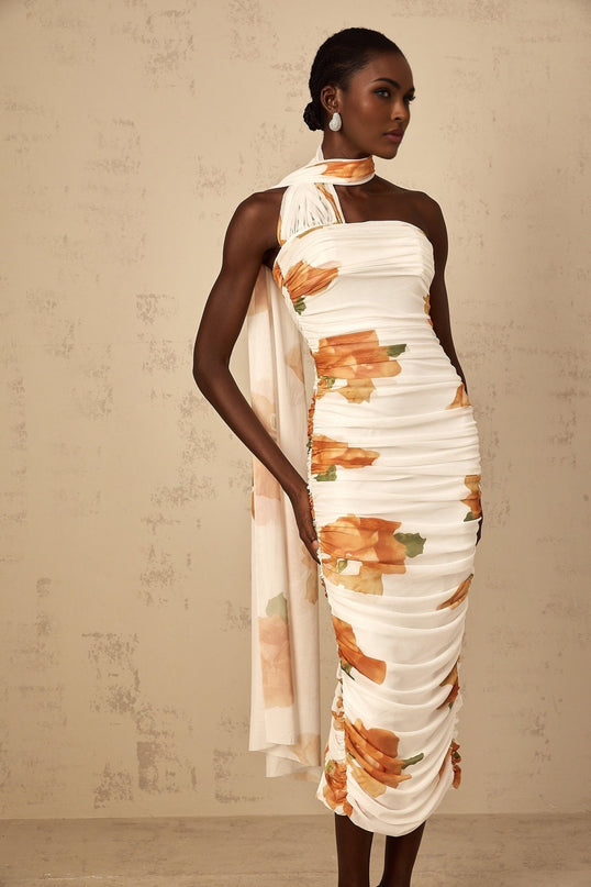 Tiana White Multicolor Off-Shoulder Midi Dress with Ruched Tulle and Floral Print