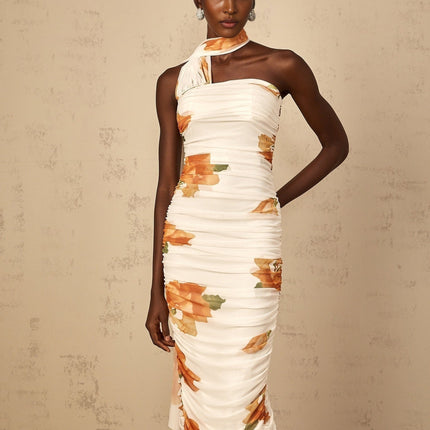 Tiana White Multicolor Off-Shoulder Midi Dress with Ruched Tulle Detailing and Floral Print