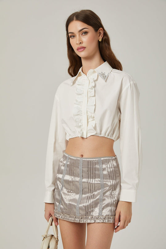 Tiana Silver Lace Striped Ruched Edge Pleated Skirt
