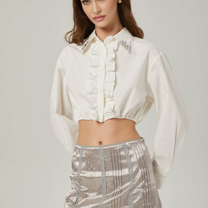 Tiana Silver Lace Striped Ruched Edge Pleated Skirt