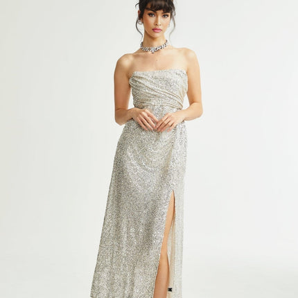 Tiana Silver Sequin Off-shoulder Midi Dress