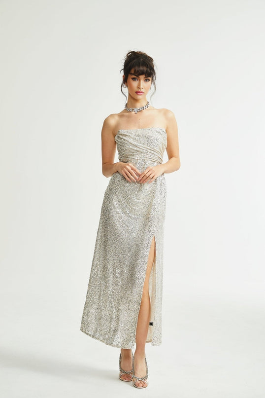 Tiana Silver Sequin Off-shoulder Midi Dress