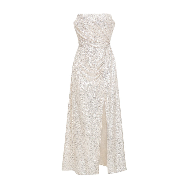 Tiana Silver Sequin Off-shoulder Midi Dress