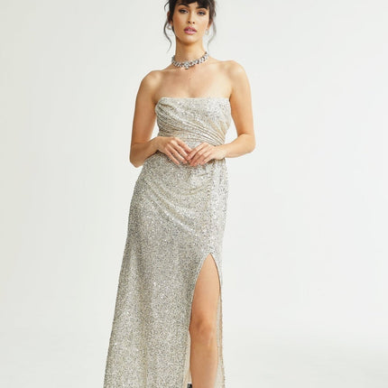 Tiana Silver Sequin Off-shoulder Midi Dress