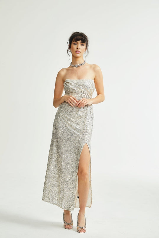 Tiana Silver Sequin Off-shoulder Midi Dress