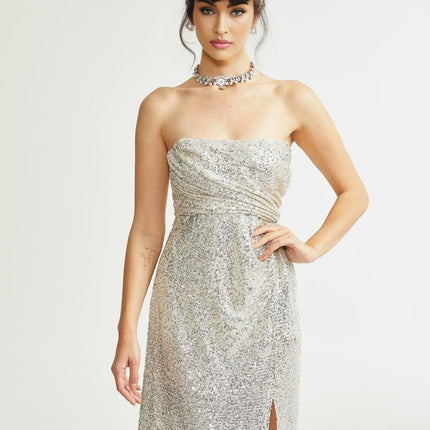 Tiana Silver Sequin Off-shoulder Midi Dress